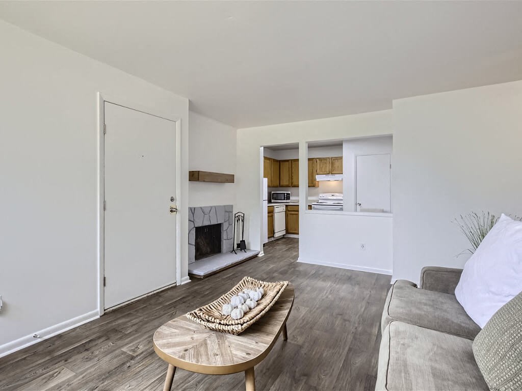 open floor plan with a kitchen and living room
