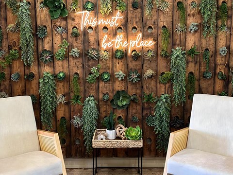 this must be the place neon wedding sign against a wooden wall with succulent plants