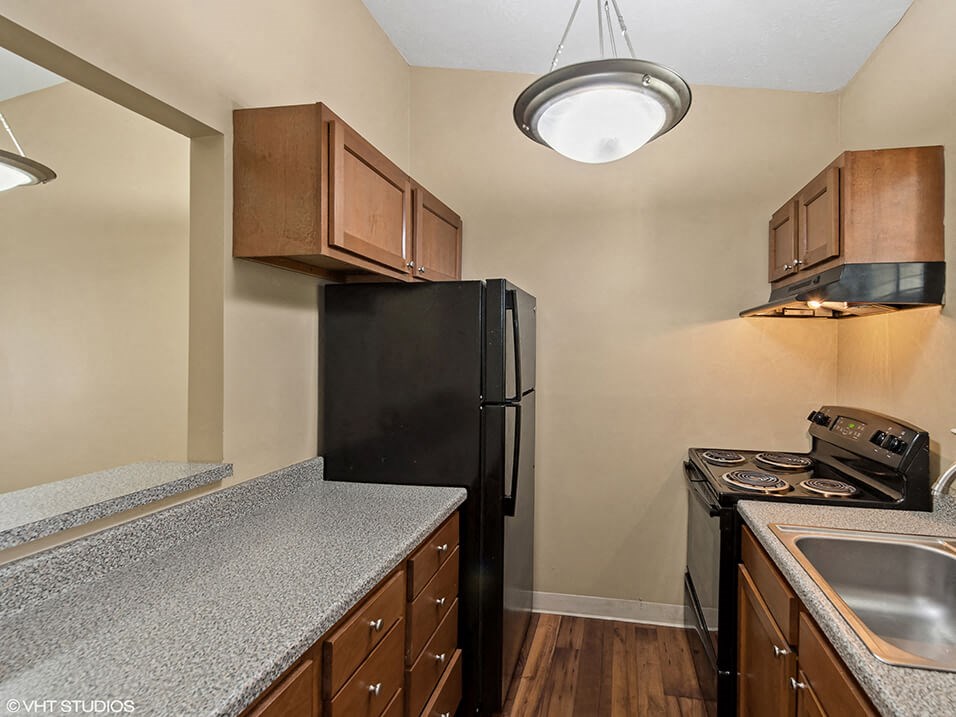 a kitchen with a black refrigerator and a sink
