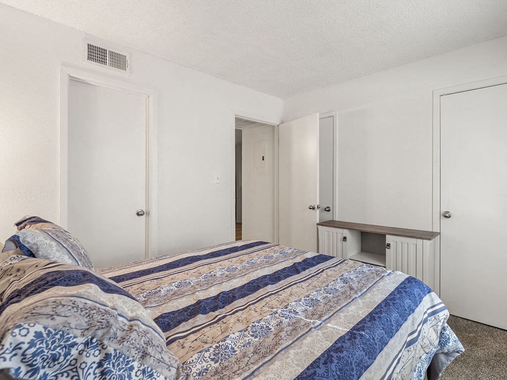 a bedroom with a bed and a closet