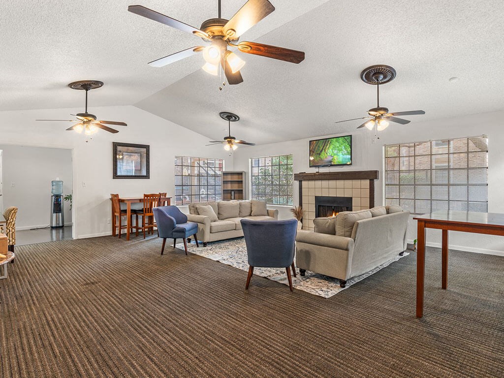 a living room with couches and chairs and a fireplace
