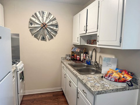 a kitchen with a sink and a refrigerator