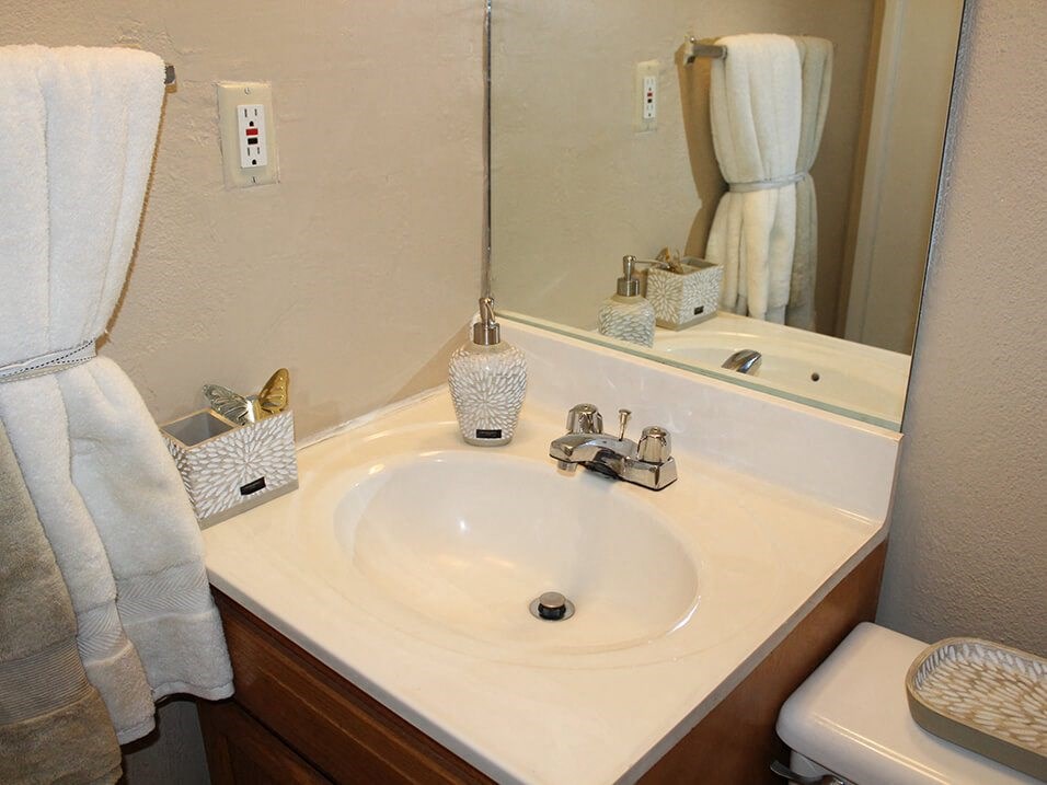 a bathroom with a sink and a mirror