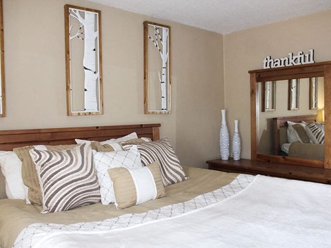 a bedroom with a large bed with pillows and a mirror on the wall