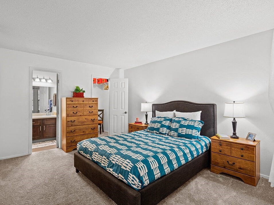 a bedroom with a bed and dressers and a bathroom