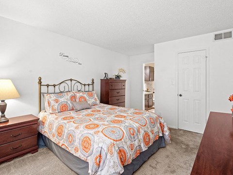 a bedroom with a bed and a closet
