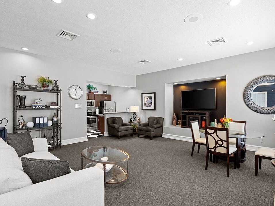 a clubhouse with a couch and a table