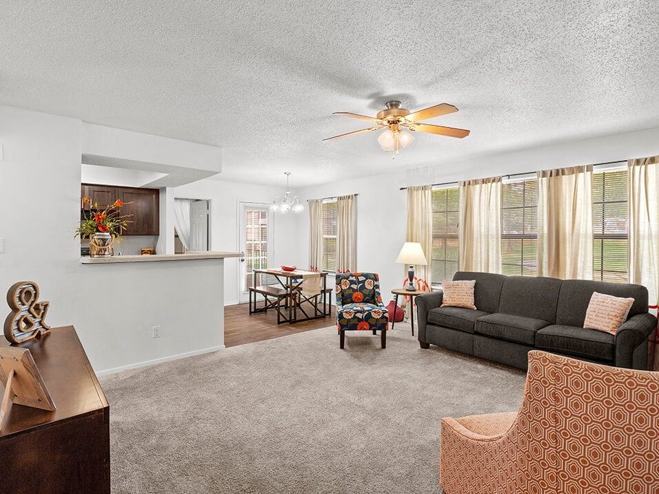 a living room with a couch and a ceiling fan