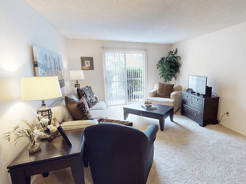 A living room with a couch, chair, and television.