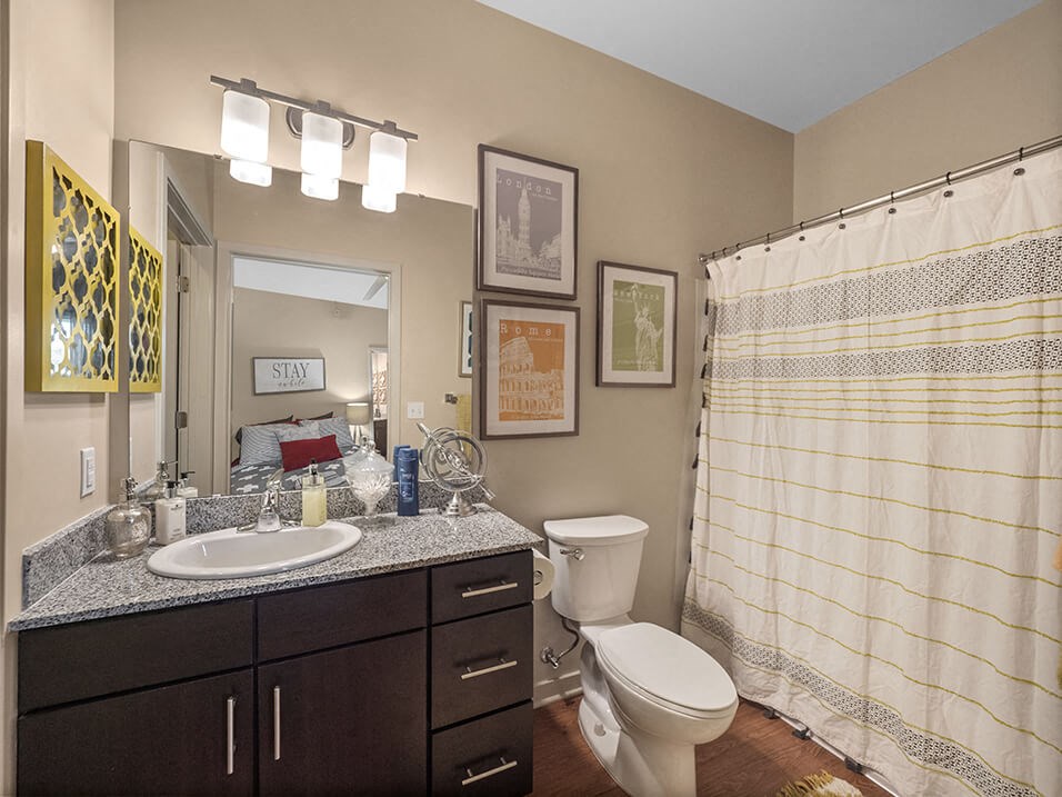 modern bathroom at the Depot Apartments