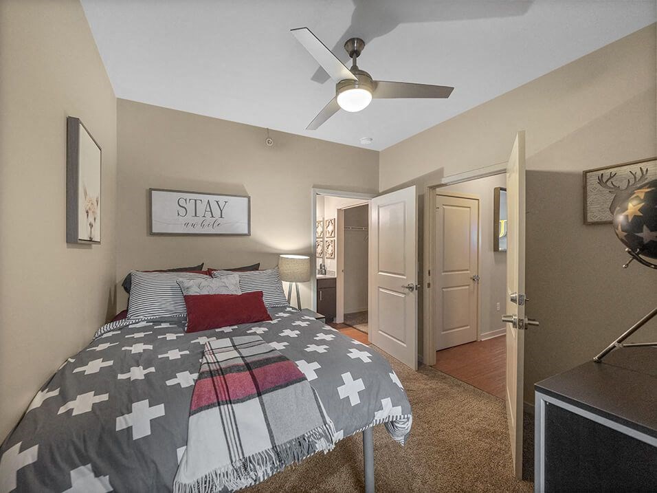 apartment bedroom and a ceiling fan