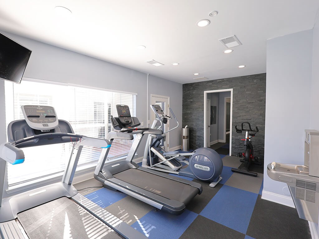 A modern gym with treadmills, elliptical machines, and a stationary bike.