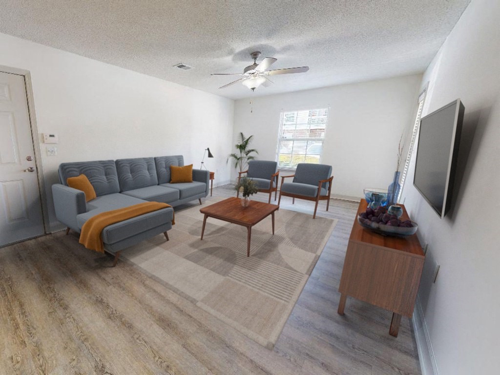 a living room with a couch and a table