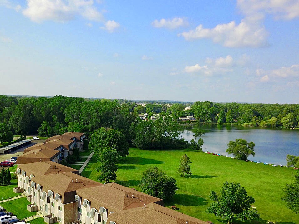 aerial photo of the plaza at lamberton apartments