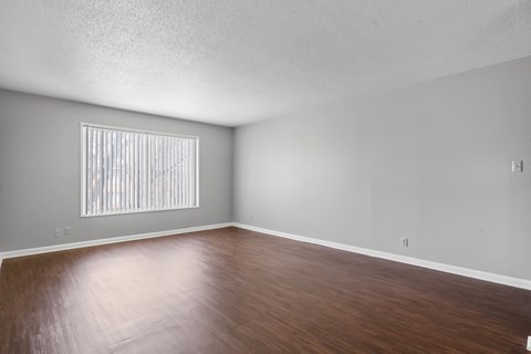 A room with wooden flooring and a window with blinds.