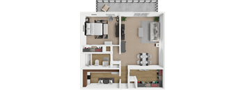a 3d rendering of a 1 bedroom floor plan with a bathroom and living room