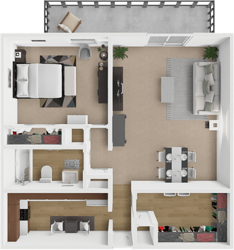 a 3d rendering of a 1 bedroom floor plan with a bathroom and living room