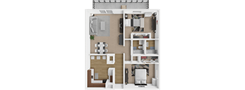a 3d rendering of a floor plan with a bedroom and living room