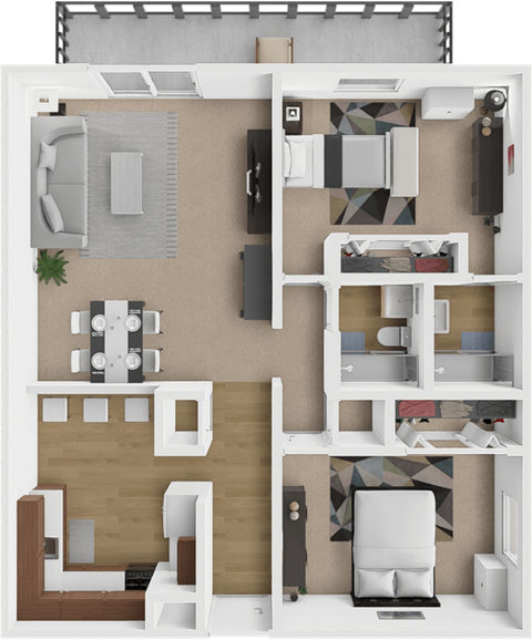 a 3d rendering of a floor plan with a bedroom and living room