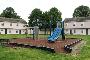 a playground with a slide in a park