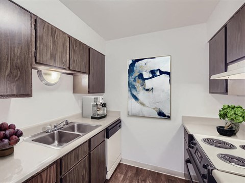 a kitchen with wooden cabinets and a sink