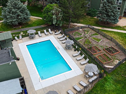 A pool surrounded by a fence and a garden.