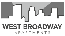 A black and white image of a city skyline with the words "West Broadway Apartments" written below it.