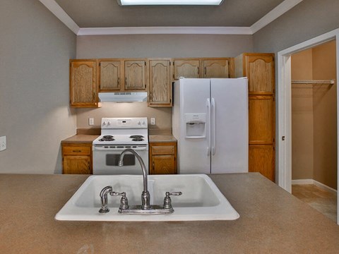 a kitchen with a sink and a refrigerator