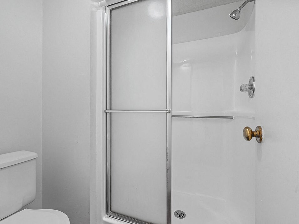 a bathroom with a shower and a toilet