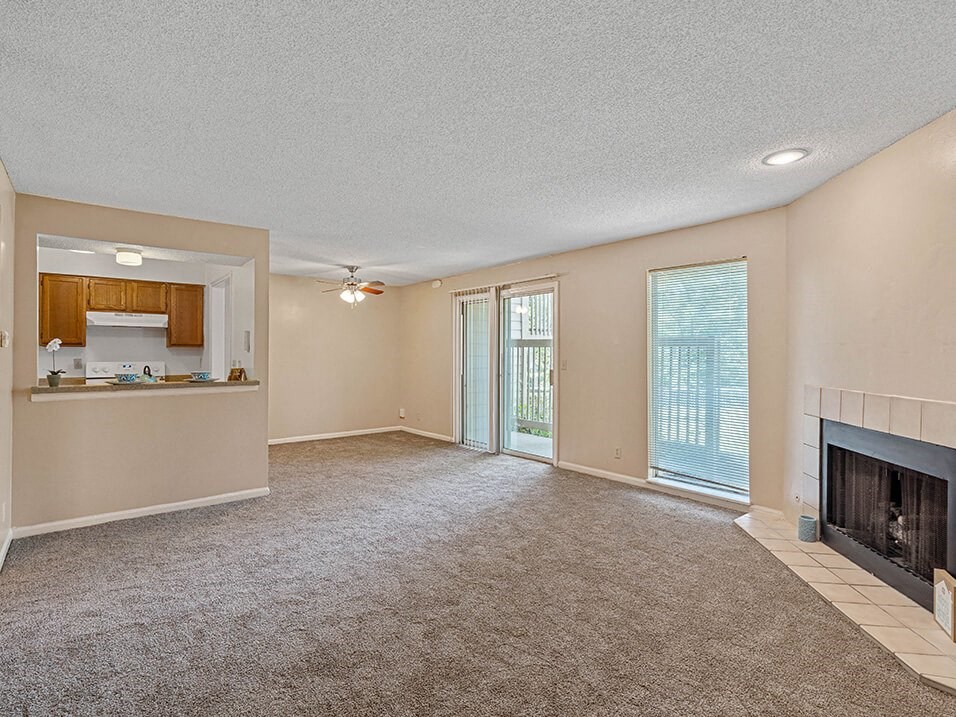 apartment living room with a kitchen