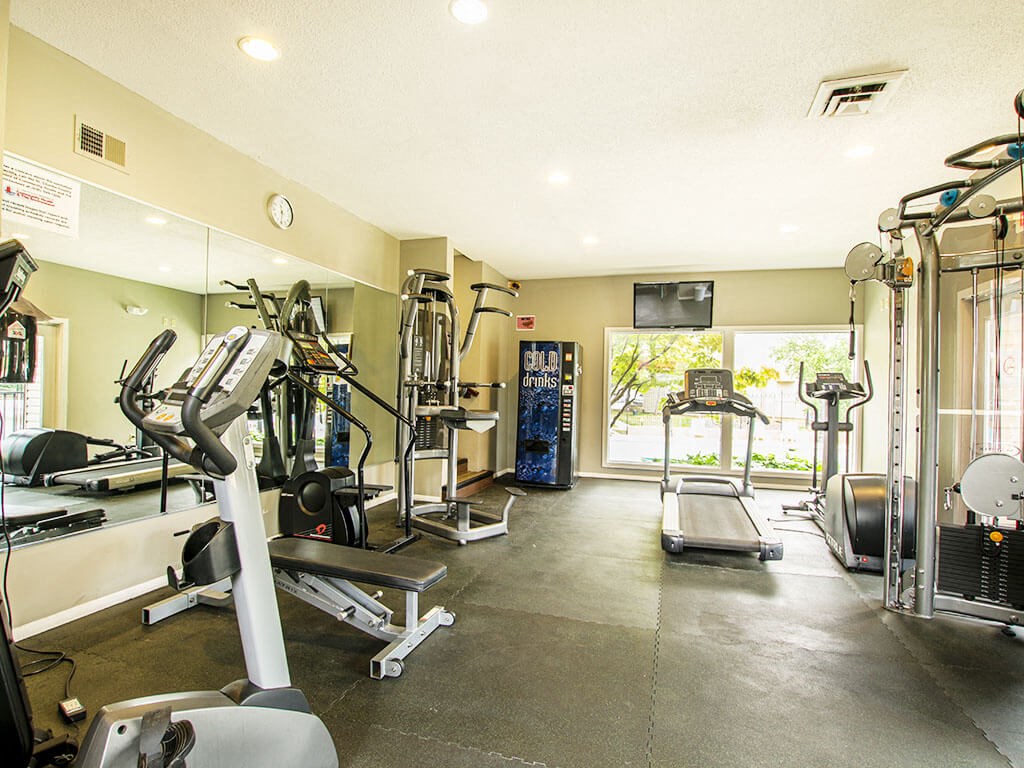 a gym with cardio equipment and a window