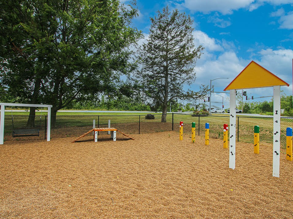 a playground with a picnic table and a basketball hoop