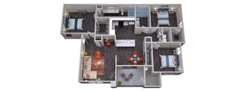 A top-down view of a small apartment with a kitchen, living room, and bedroom.