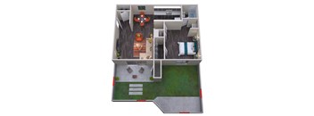 A 3D floor plan of a house with a living room, kitchen, and bathroom.