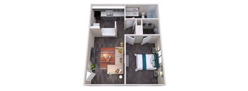 A top down view of a small apartment with a living room, kitchen, and bedroom.