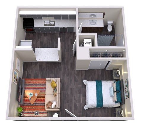 A top down view of a small apartment with a bedroom, living room, and kitchen.