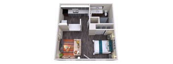 A top down view of a small apartment with a bedroom, living room, and kitchen.
