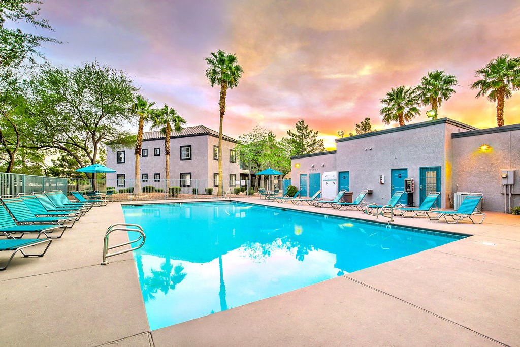 our apartments have a large pool and lounge chairs