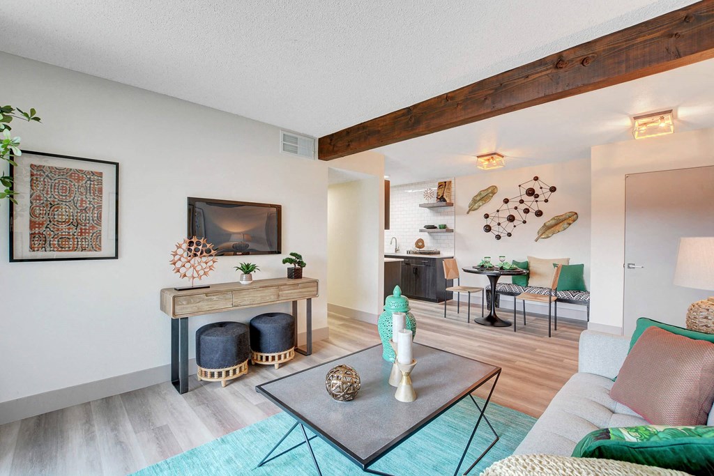 Living Area With Fireplace at Namaste Apartments, Las Vegas