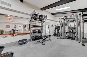 A gym with a variety of equipment including weights and a rowing machine. at Namaste Apartments, Nevada