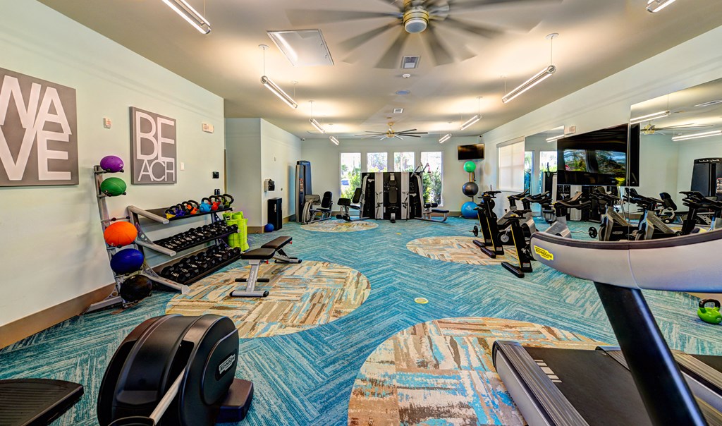a gym with cardio equipment and weights on a rug