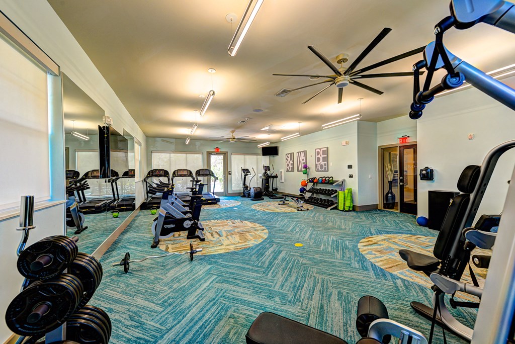 a gym with cardio machines and weights on a rug and a ceiling fan