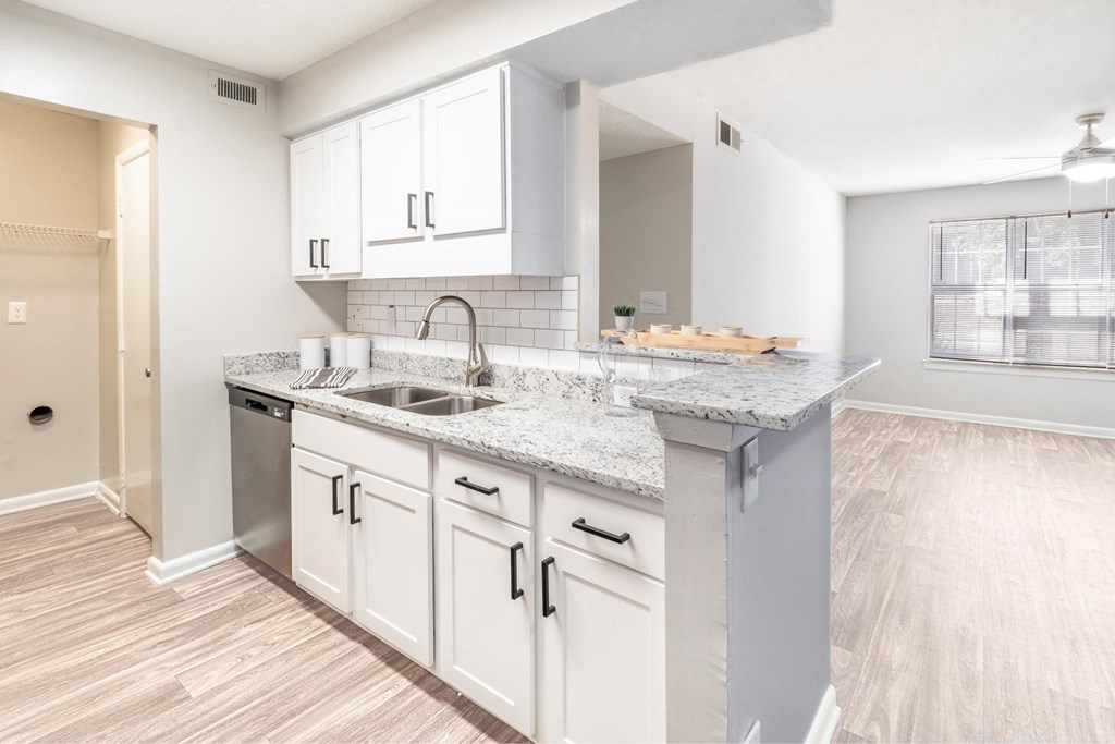 a kitchen with white cabinets and a counter top and a sink