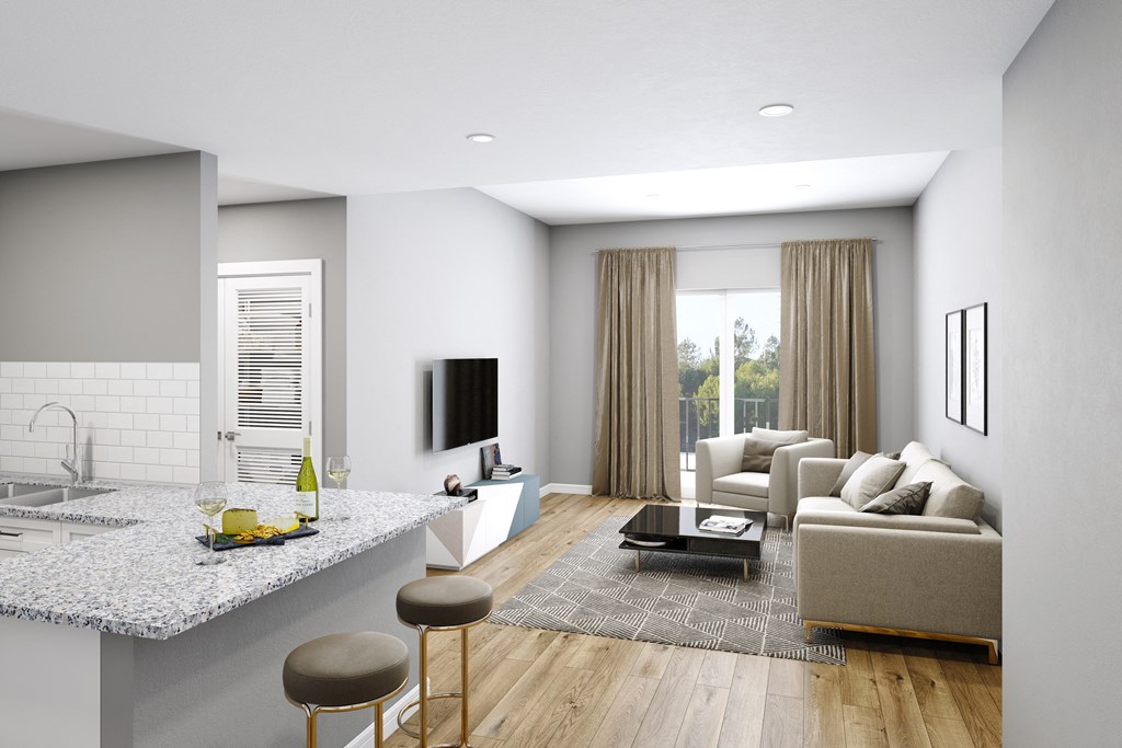 a rendering of a living room with a kitchen and a television