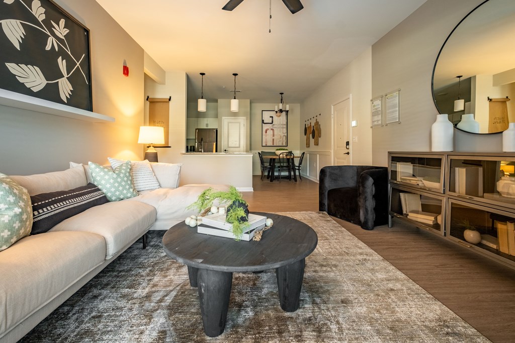 a living room with a couch and a coffee table