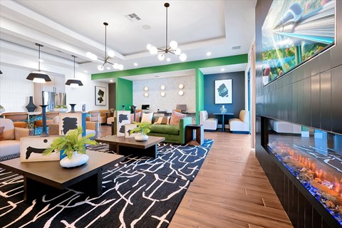 A modern living room with a black and white patterned rug and a coffee table with a vase of flowers on it.