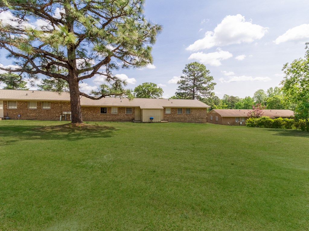 a large yard in front of a brick house with a tree