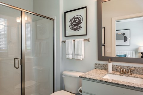 a bathroom with a shower and a sink and a mirror