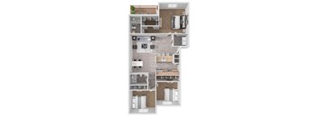 A floor plan of a house with a living room, kitchen, dining room, and bedrooms.
