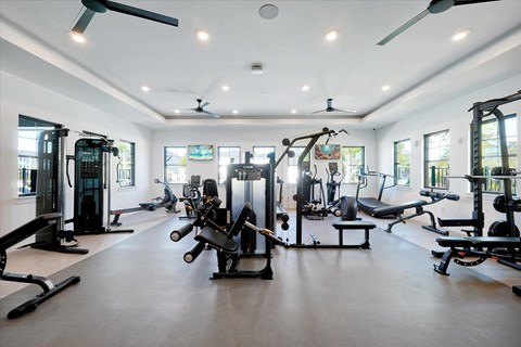 A spacious gym with a variety of equipment.